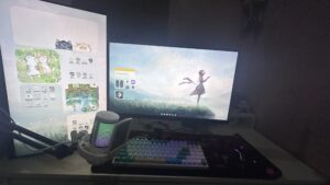 Lindsay's dual monitor set up with her mechanical keyboard and lightweight mouse. Tools that help her increase workspace productivity